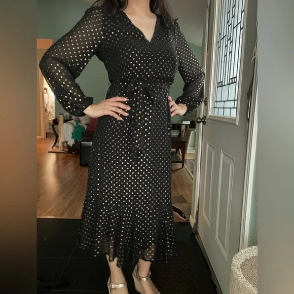 J.Crew Black and Gold Polka Dots Midi Dress - Picture 2 of 9